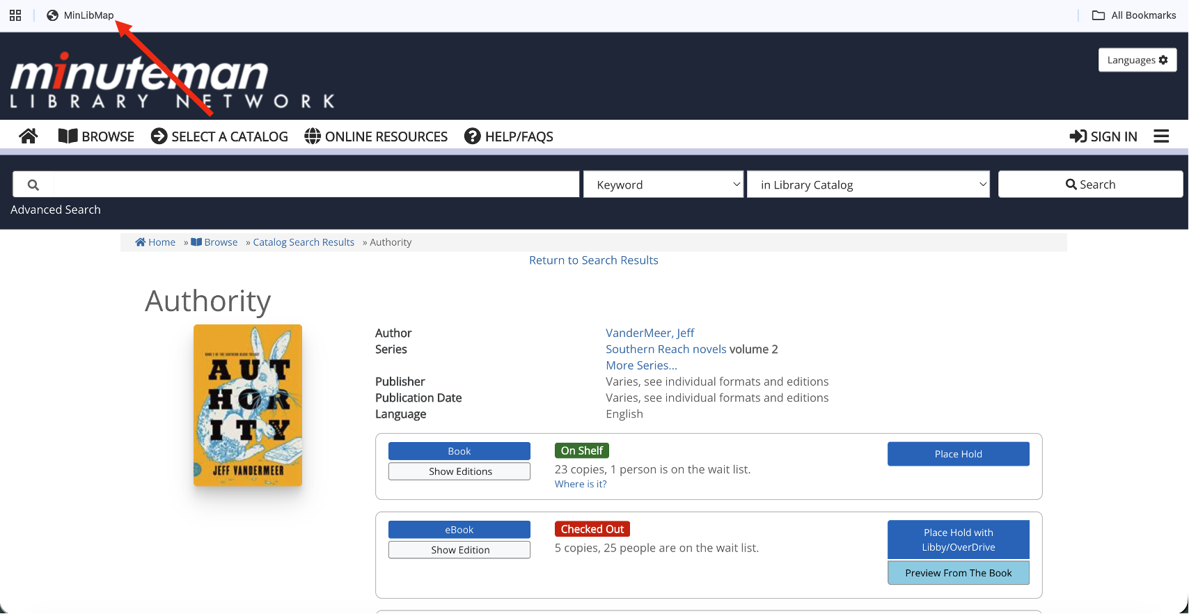 Catalog item page with bookmarklet highlighted in bookmarks bar
