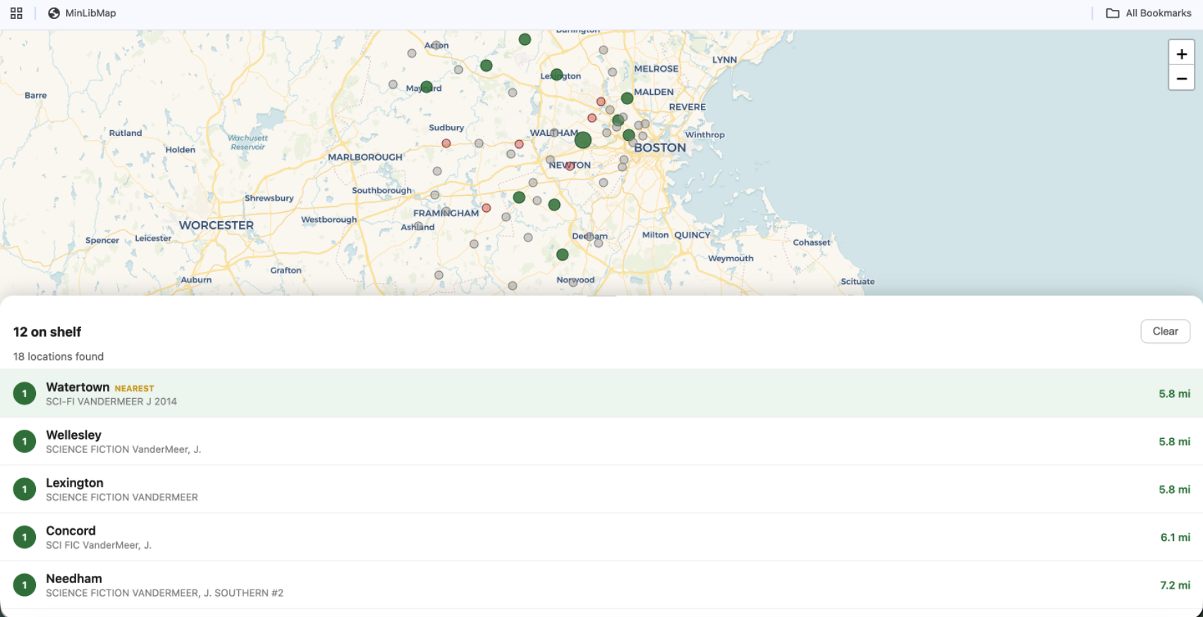 MinLibMap results view with pins on map