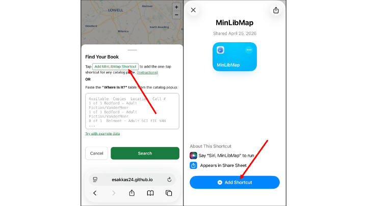 iOS Shortcuts gallery page for MinLibMap shortcut