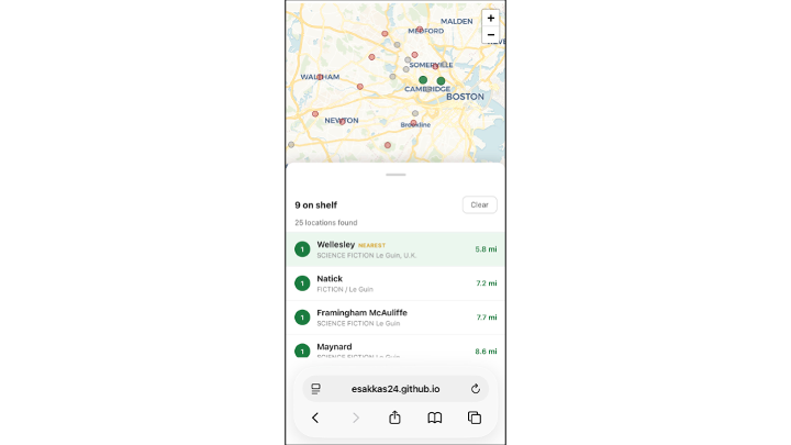 MinLibMap results view with map pins showing on-shelf locations